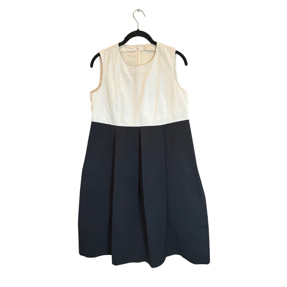 S Max Mara Colorblock Sleeveless Pleated A-Line Dress Navy Cream Pockets